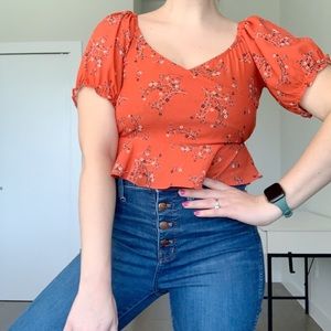 Princess Polly Faux Wrap Orange Floral Crop Top